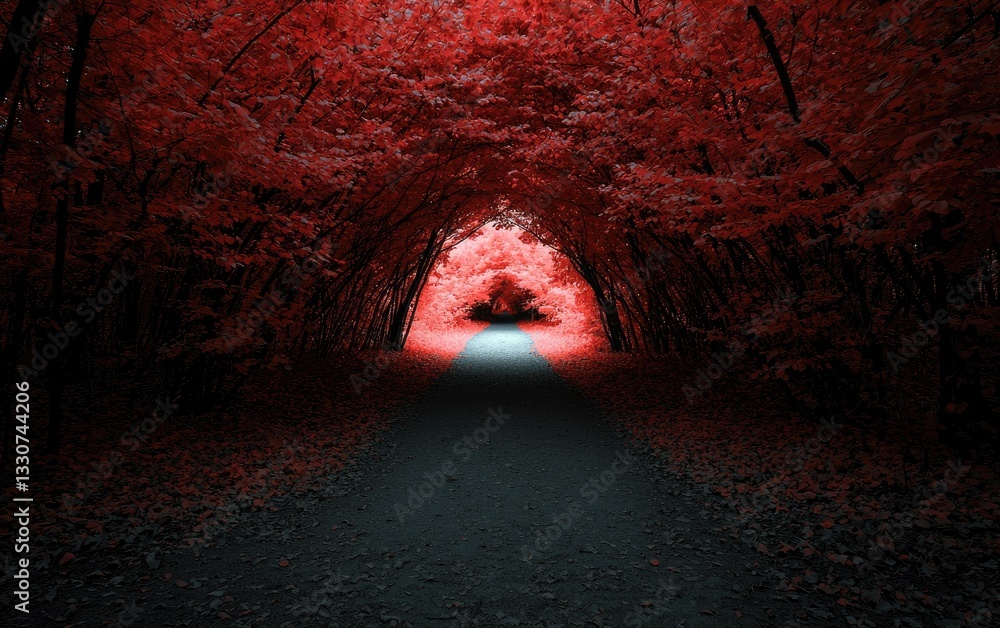 Poster dark forest path with red foliage and light at end