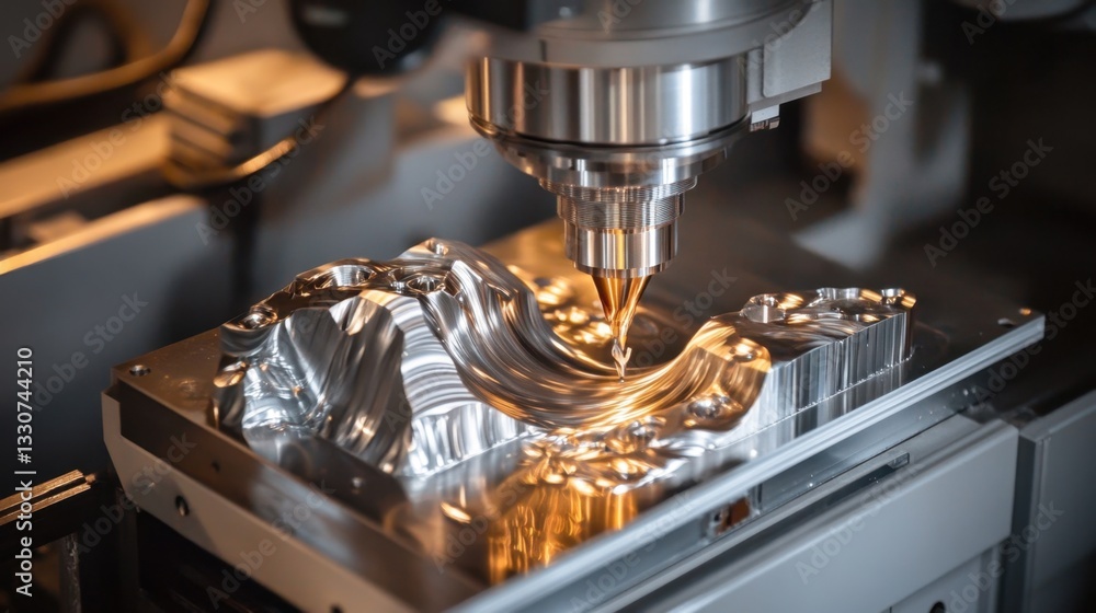 Poster close-up view of a cnc milling machine working on a complex metal part