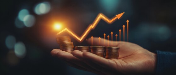 Businessman's hand holding a graph arrow pointing up and coins, representing a business growth concept with financial market data, stock trading, or promoting a credit product Generative AI