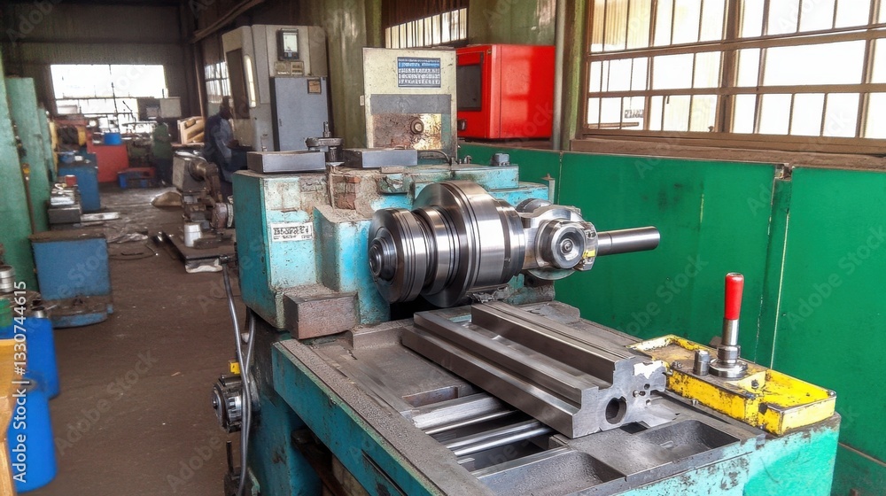 Poster high-speed cnc lathe machine spinning a metal part during precision cutting
