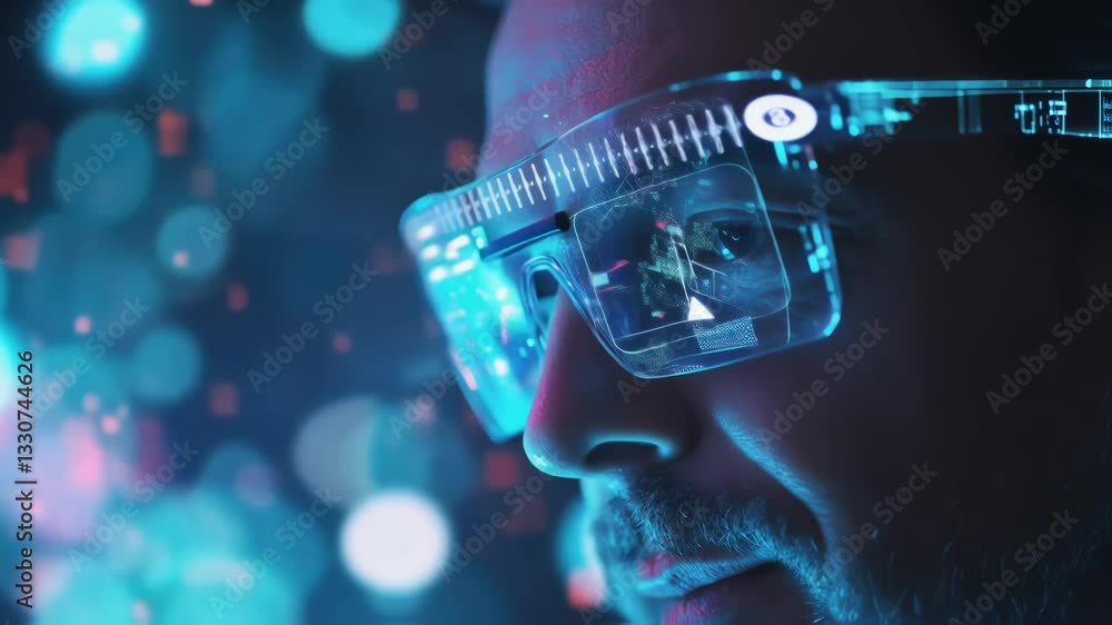 Poster futuristic transparent augmented reality glasses worn by a software engineer browsing data and navig
