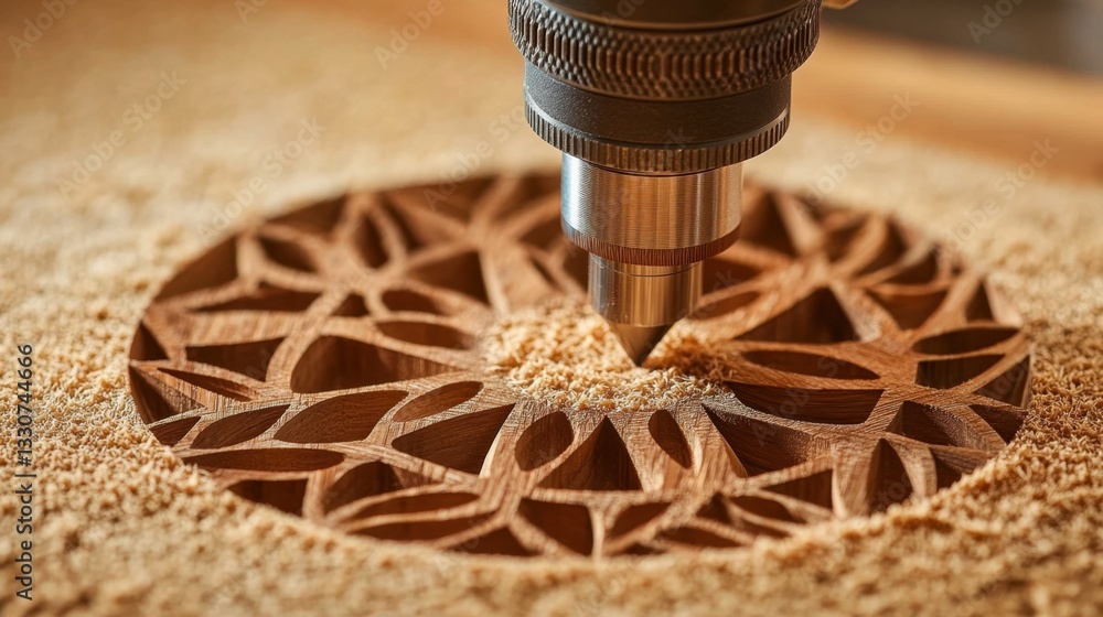 Poster high-speed cnc router carving a detailed pattern into a block of wood