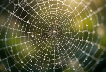 Obraz premium Close-up of a spiderweb covered in morning dew, with crystal-clear droplets suspended on silk strands. Light refracts through the droplets, creating a delicate, shimmering effect.