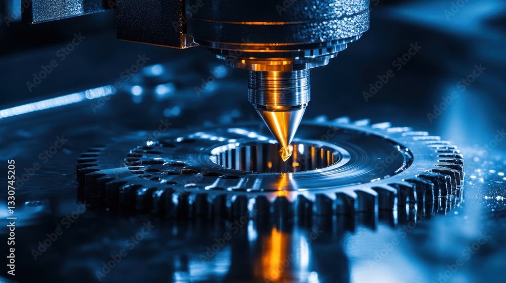 Poster industrial cnc machine cutting a custom gear component with precision
