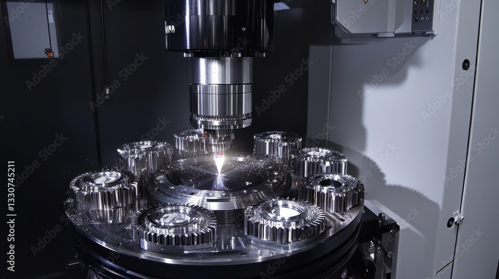 Poster industrial cnc machine cutting a custom gear component with precision