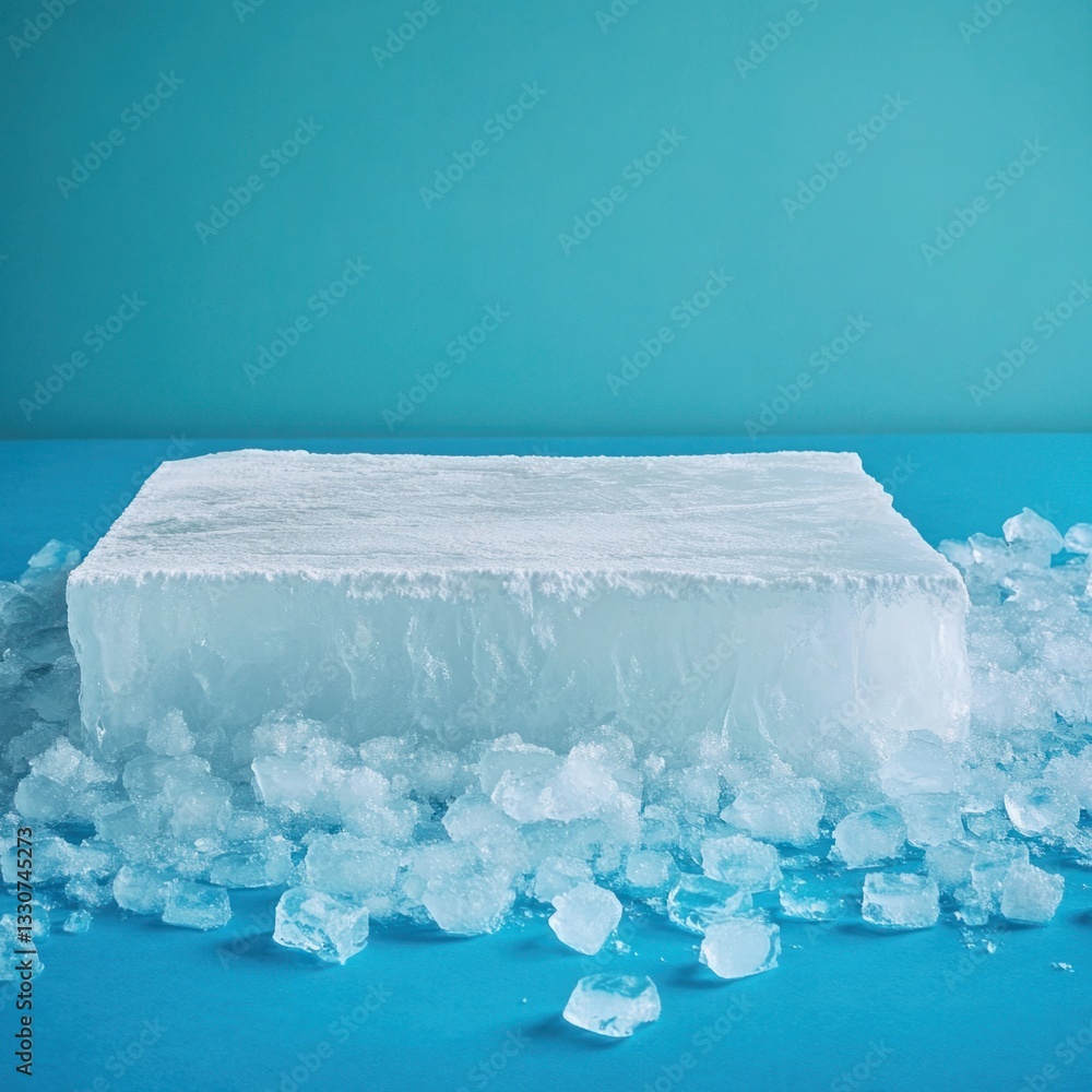 Poster large block of ice on a vibrant turquoise background surrounded by scattered ice cubes showcasing te