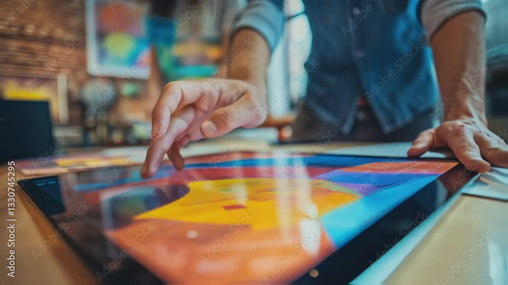 Poster graphic design team collaborating around interactive touchscreen table, manipulating digital artwork