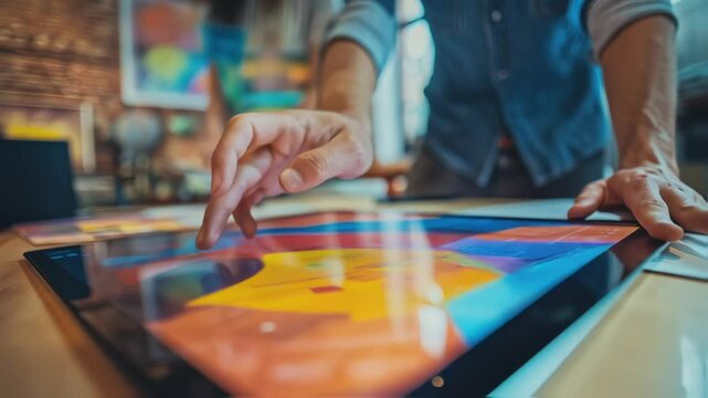 Graphic design team collaborating around interactive touchscreen table, manipulating digital artwork while developing innovative visual concepts in modern creative workspace - Powered by Adobe
