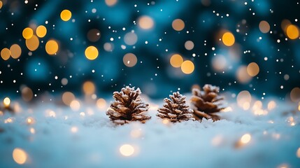 Snow covered pine cones rest in winter snow with bokeh lights
