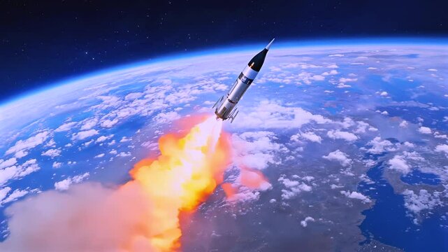 Heavyweight intercontinental ballistic missile rocketing skyward, generating immense bright flame and dense smoke while leaving planetary atmosphere toward outer space