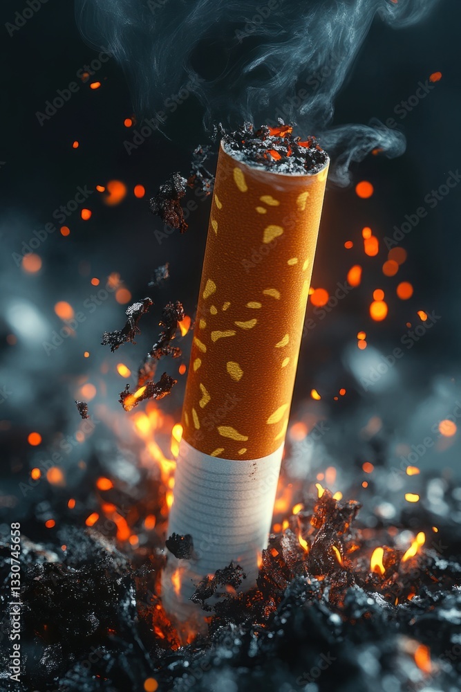 Poster glowing cigarette in ashes and smoke with sparks surrounding the burning tip and graceful smoke trai