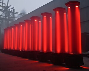 Illuminated red columns arranged in a row casting light in a factory