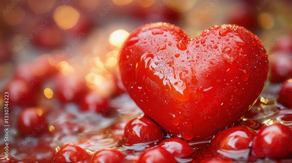 Poster vibrant red heart on glimmering surface with water droplets, surrounding red berries creating a roma
