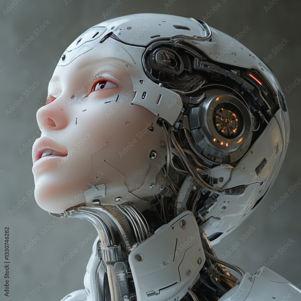 Poster hyperrealistic close-up of gynoid robot with white exterior and visible internal mechanics