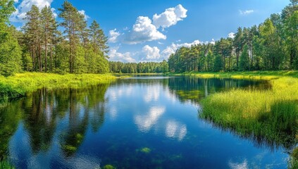 Fototapeta premium Scenic Tranquil Lake Surrounded by Lush Green Forest Under Bright Blue Sky with Fluffy White Clouds Reflected in Calm Water Surface