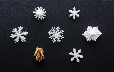 White Snowflakes And Gold Christmas Tree On Black Sparkling Background