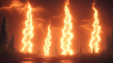 Burning flares of fire erupting into a dark orange sky