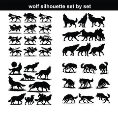 Wolf silhouette set. silhouette set vector. Adult wolf silhouette collection on a white background
 Black wolf silhouette cutout icon set. Flat vector wolf animal collection isolated on transparent bl