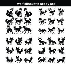 Wolf silhouette set. silhouette set vector. Adult wolf silhouette collection on a white background
 Black wolf silhouette cutout icon set. Flat vector wolf animal collection isolated on transparent bl