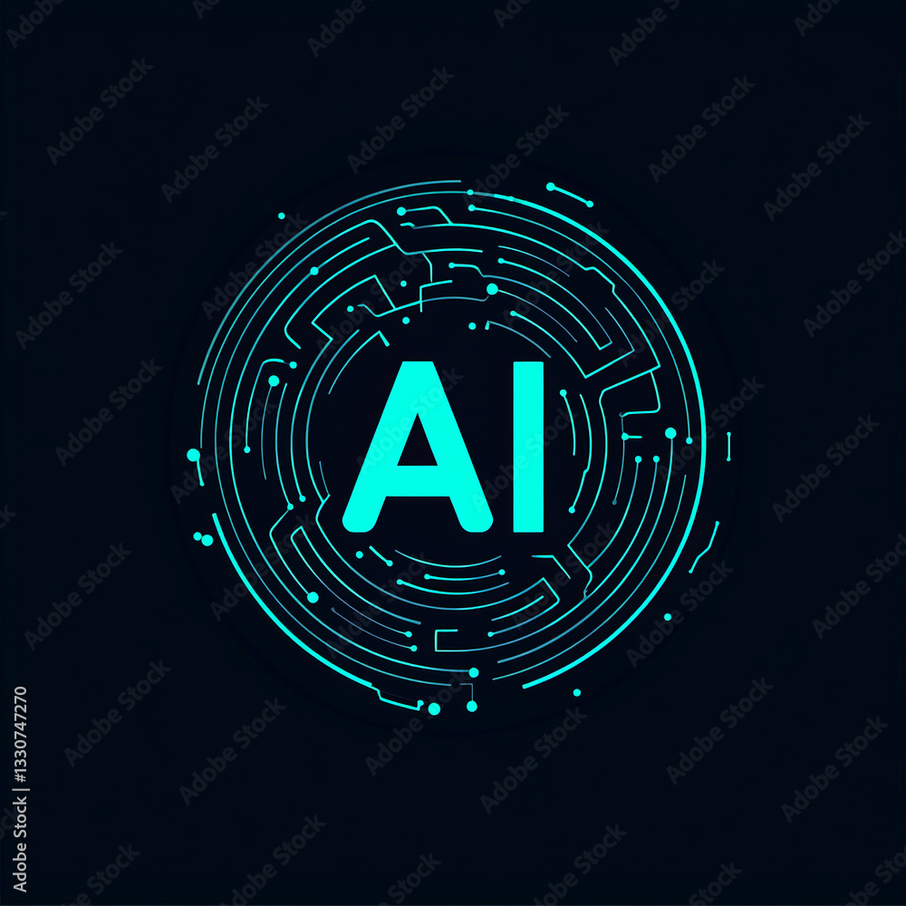 Poster minimalist teal ai logo with circuit-inspired circular design on dark background
