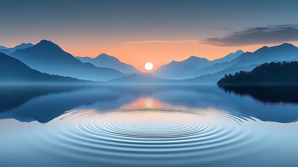 Serene Sunrise Over Misty Mountains Reflecting On Calm Lake
