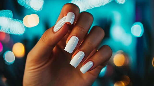 Elegant white manicure in vibrant urban setting with blurred lights at night