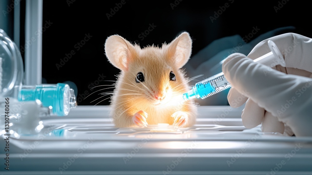 Poster a close-up of a laboratory mouse receiving an injection from a skilled researcher in a controlled sc