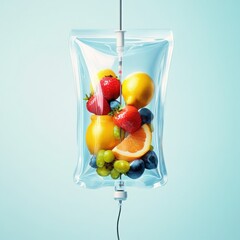 Fresh Fruits Infusion in IV Bag for Nutritional Therapy and Healthy Lifestyle Enhancement in Colorful Background