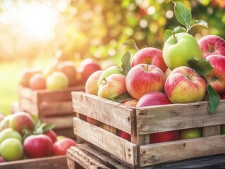 Abundant Harvest of Fresh Organic Apples in Rustic Wooden Crates at Sunlit Orchard