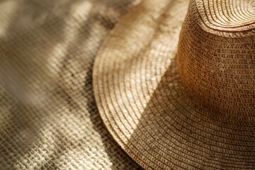A sunlit straw hat resting on a textured surface, surrounded by soft shadows, evoking summer vibes