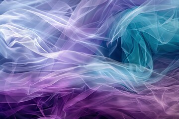 Fototapeta premium Ethereal wisps of translucent fabric in shades of purple and blue, creating a dreamy, abstract background