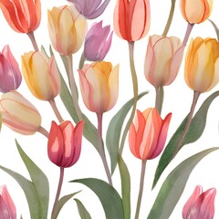 Fototapeta premium Whimsical Watercolor Tulips in Primitive Style