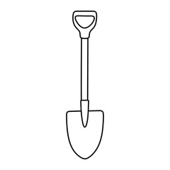 Garden shovel vector illustration. Hand-drawn digging spade icon in doodle style. Black line art isolated on white background.
