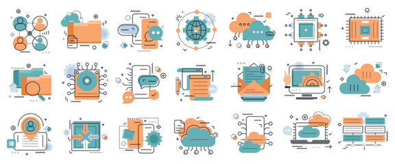 Business and marketing, programming, data management, internet connection, social network, computing, information. Thin line blue orange icons set. Flat vector illustration