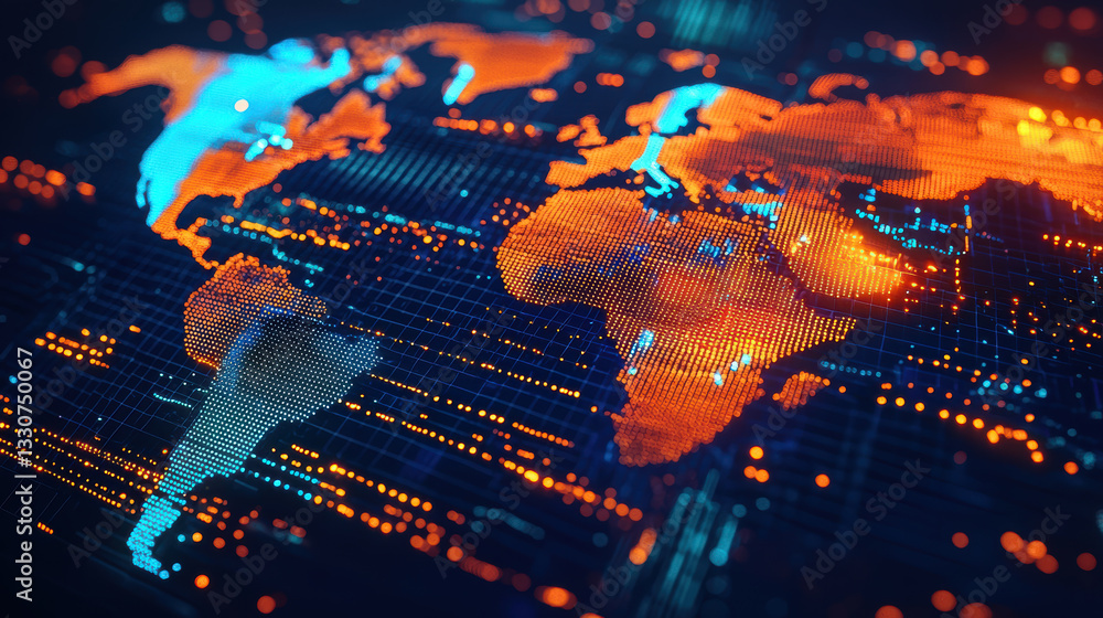 Poster digital world map with glowing connections and data visualization
