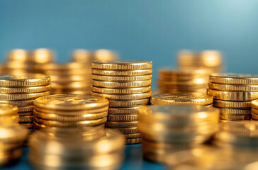 Stacks of shiny gold coins on blue background, symbolizing wealth and prosperity