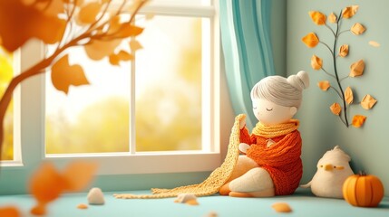 A gentle grandmother knitting a cozy scarf, rendered in paper art style. A paper art Style 3d
