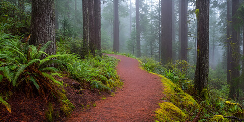 Obraz premium Forest Path Winding Through Towering Trees Tranquil Nature Landscape