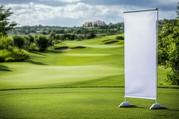  Pull-up banner mockup on sunny golf course landscape for advertising or branding.