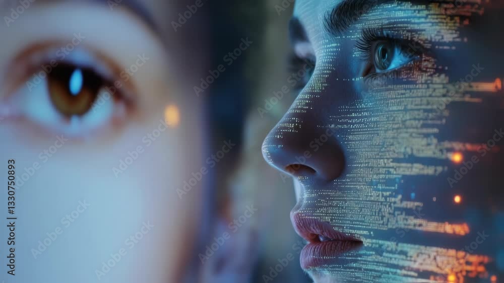 Fototapete lines of code are projected on the face of a woman programmer working with a futuristic augmented re
