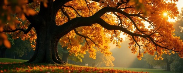Golden hues paint the branches of a large oak , image, landscape