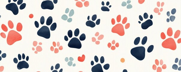 A playful pattern of colorful paw prints on a light background, showcasing a mix of navy, coral, and pastel shades.