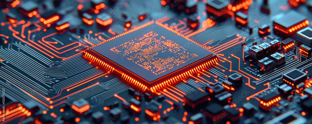 Poster high tech circuit board with glowing components and intricate patterns