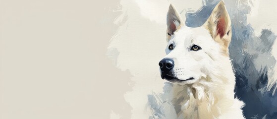 A majestic white dog gazes into the distance, showcasing its beauty and elegance against a soft, muted background.