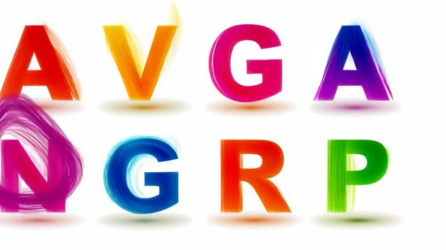 Colorful artistic letters spell out AVG, ANGR, and GRP in vibrant shades representing creativity and design