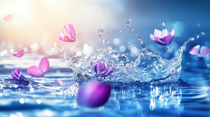 Vibrant Water Splash with Floating Petals, Capturing Joy and Celebration in Motion