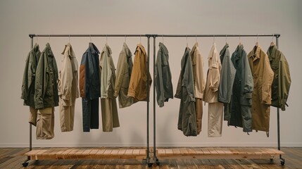 Display of various stylish outerwear on a clothing rack in a minimalistic studio setting