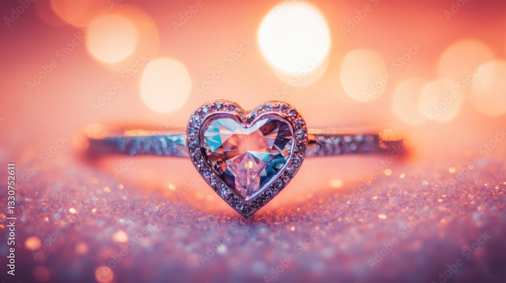 Poster a heart shaped ring with a sparkling center sits elegantly on a soft surface, glowing in warm light,