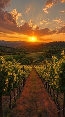 Fototapeta premium Idyllic Vineyard Path at Sunset – Stunning Golden Hour Landscape Photography, Scenic Wine Country View for Travel & Nature Lovers