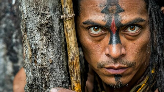 Man with face paint stands beside rough tree and staff looking at camera in daylight